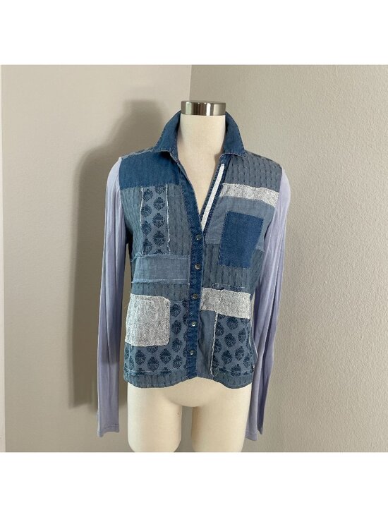 Sundance Tops - SUNDANCE Womens Medium Patchwork Denim Button Up Shirt Roll‎ Tab Sleeve Top